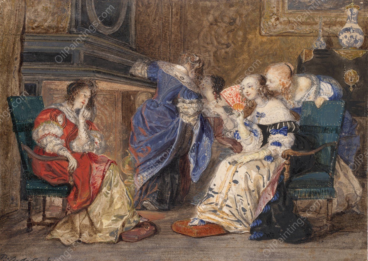 Women in an Interior  by Paul Delaroche - Hand-Painted Oil Painting Reproduction