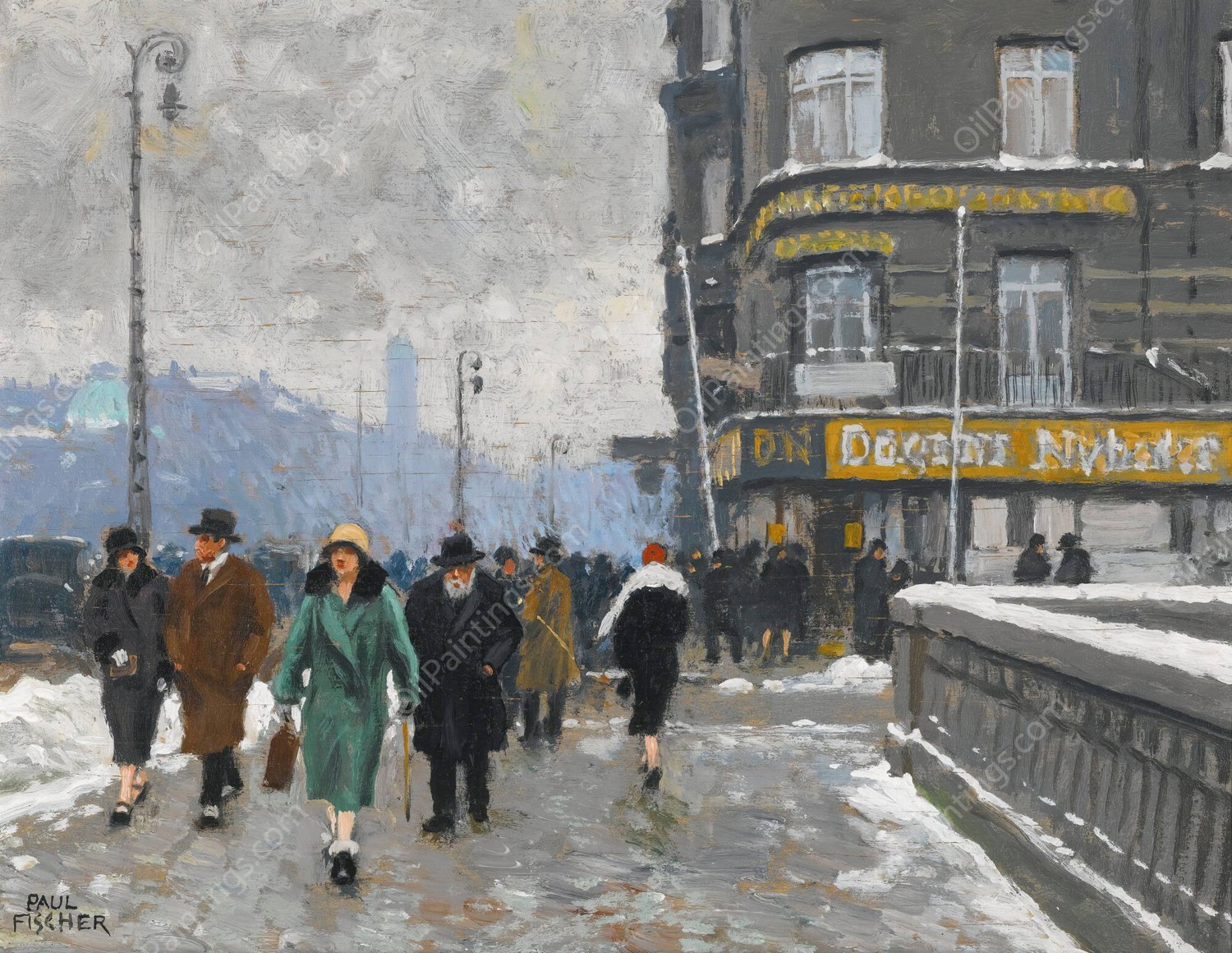 A winter street by Paul Fischer - Hand-Painted Oil Painting Reproduction