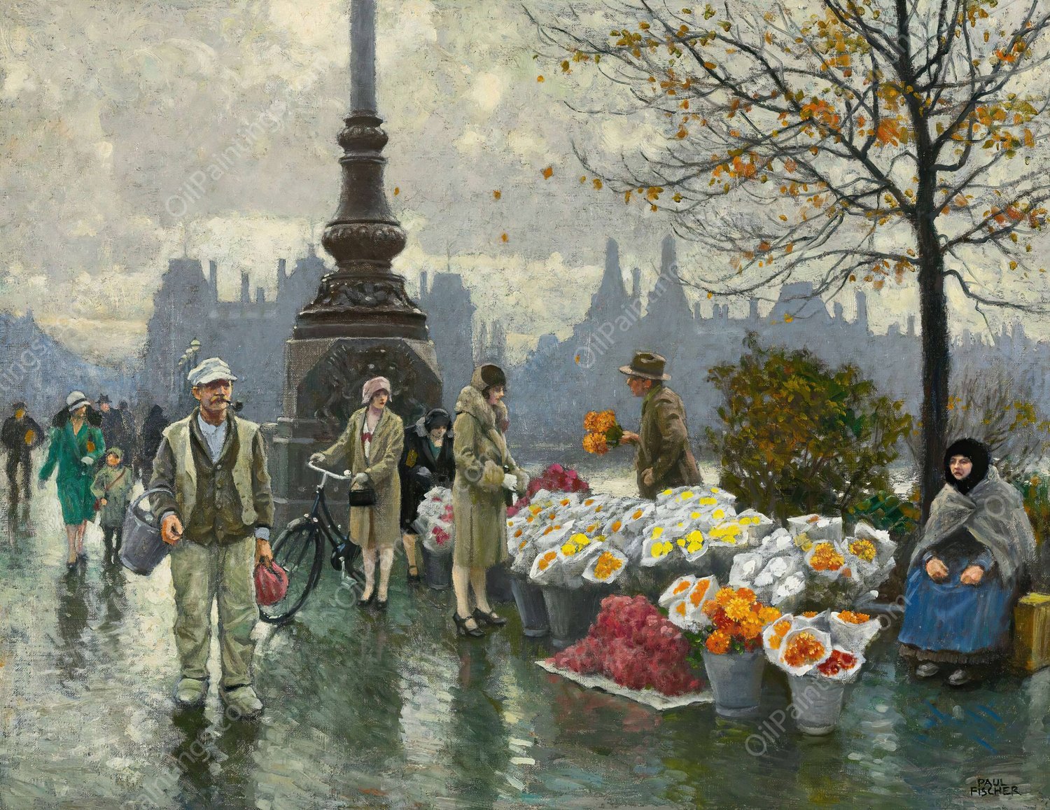 Flowersellers At Dr. Louises Bro  by Paul Fischer - Hand-Painted Oil Painting Reproduction