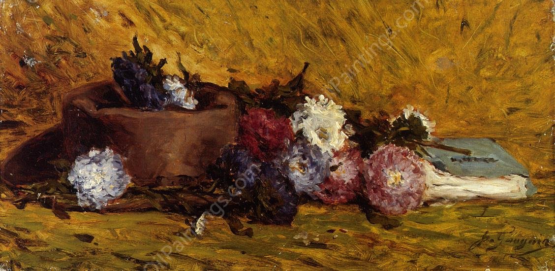 China Asters, Hat and Book by Paul Gauguin - Hand-Painted Oil Painting Reproduction