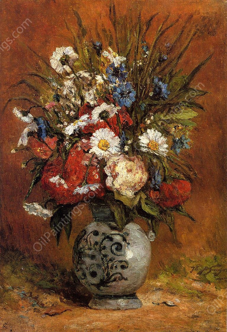 Daisies and Peonies in a Blue Vase by Paul Gauguin - Hand-Painted Oil Painting Reproduction