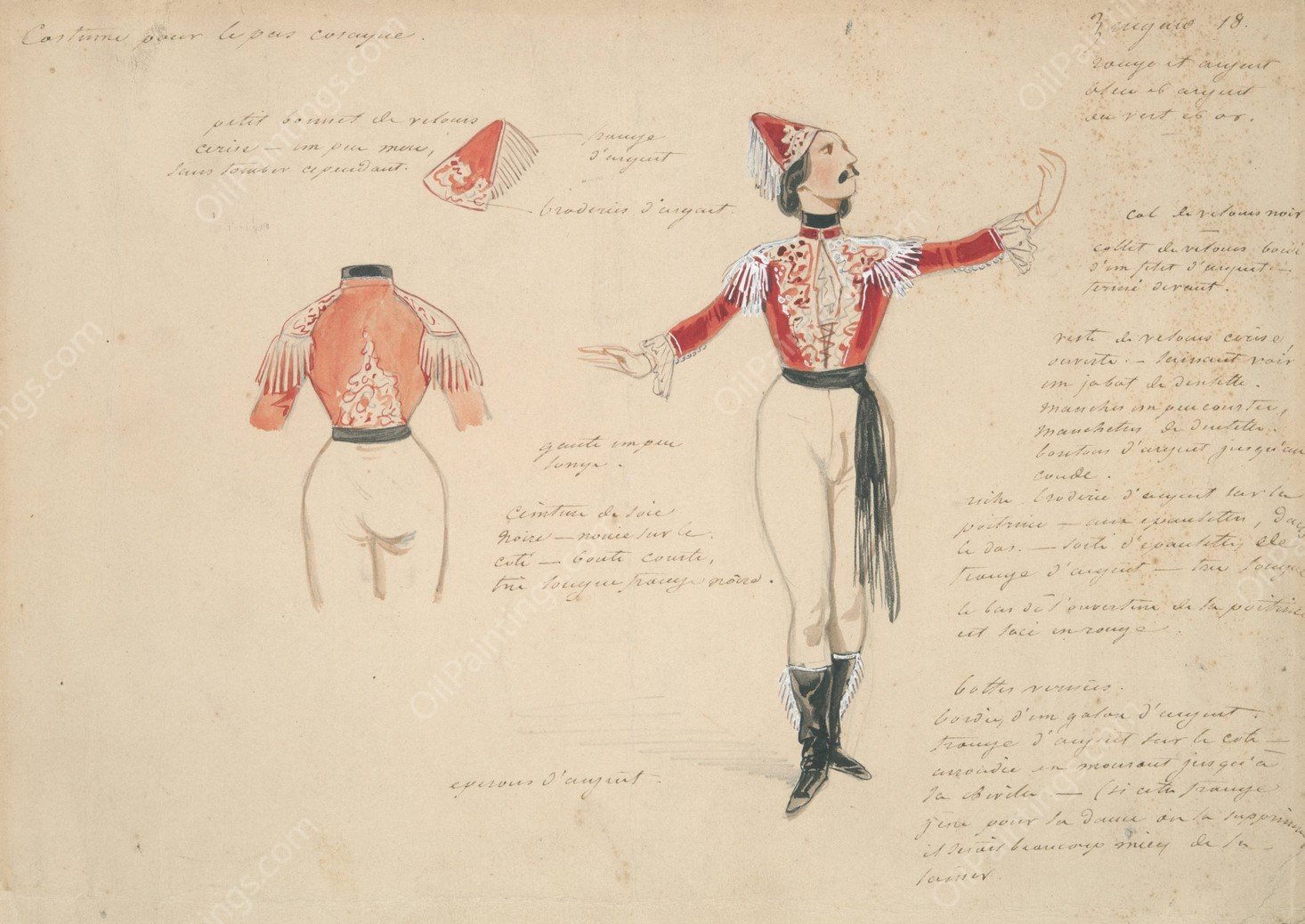 Costume Study for Male Gypsy in 'Zingaro' by Paul Gavarni - Hand-Painted Oil Painting Reproduction