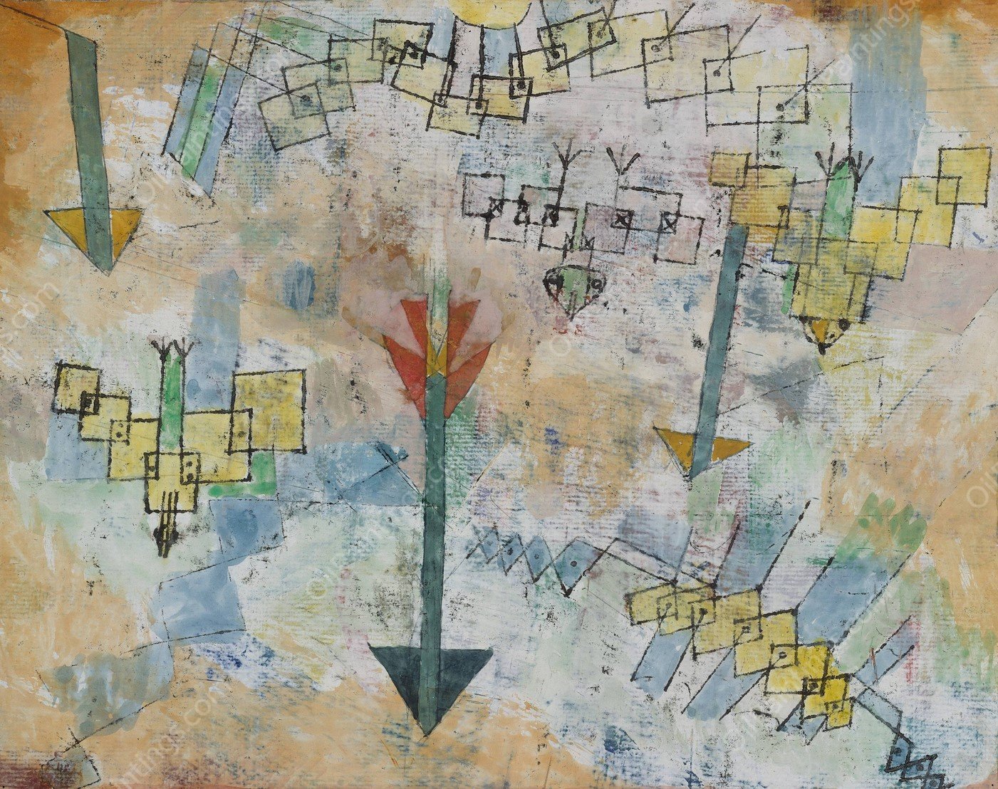 Birds Swooping Down and Arrows  by Paul Klee - Hand-Painted Oil Painting Reproduction