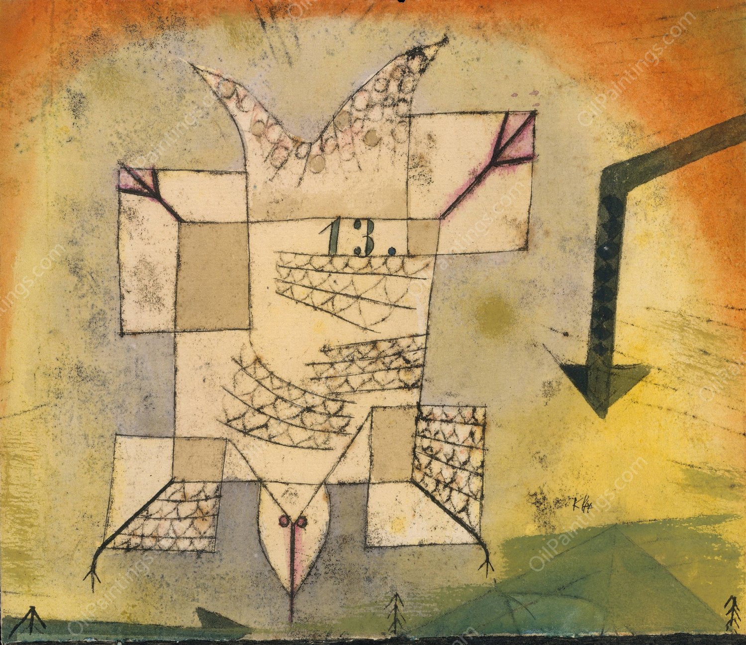 Falling Bird  by Paul Klee - Hand-Painted Oil Painting Reproduction