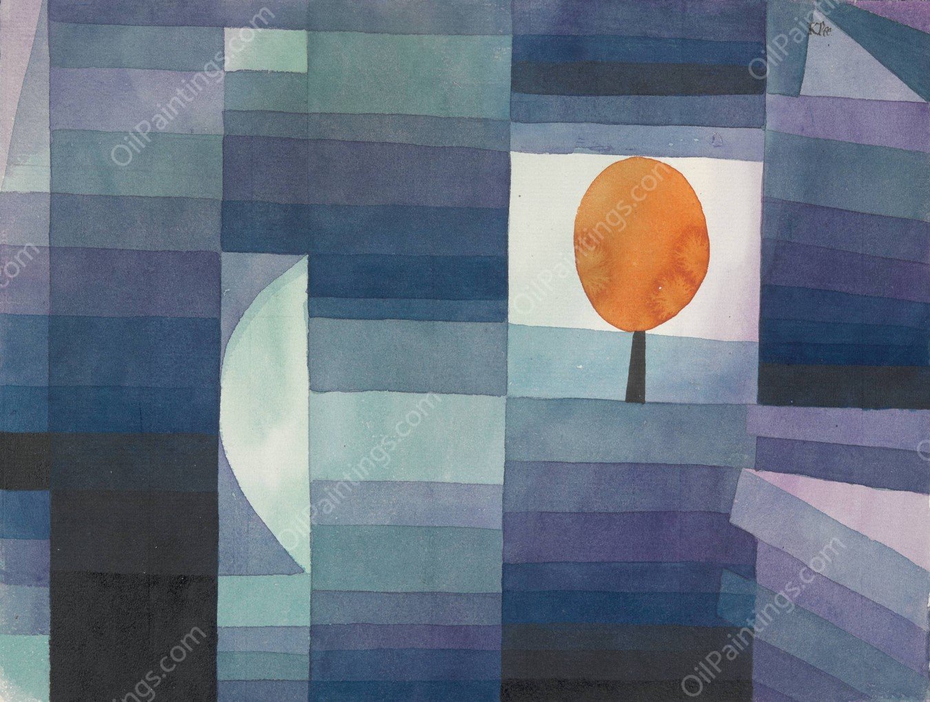 The Harbinger of Autumn (green and violet gradation with orange accent)  by Paul Klee - Hand-Painted Oil Painting Reproduction