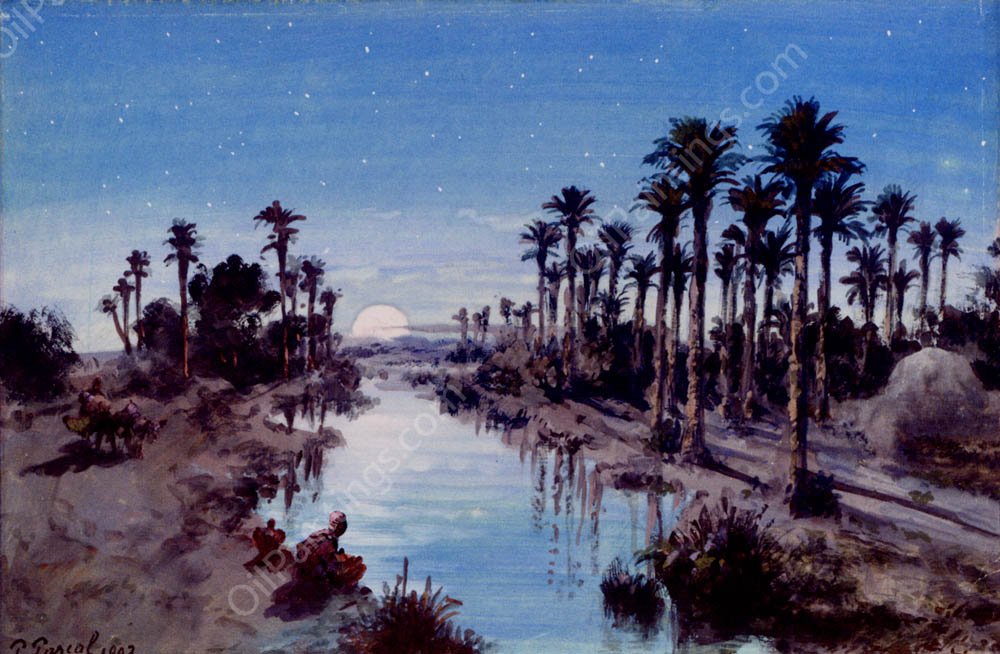 An Oasis at Night by Paul Pascal - Hand-Painted Oil Painting Reproduction