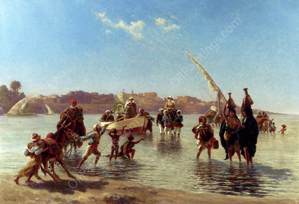 Figures Coming Ashore Near Luxor, Upper Egypt by Paul Rudolf Linke - Hand-Painted Oil Painting Reproduction