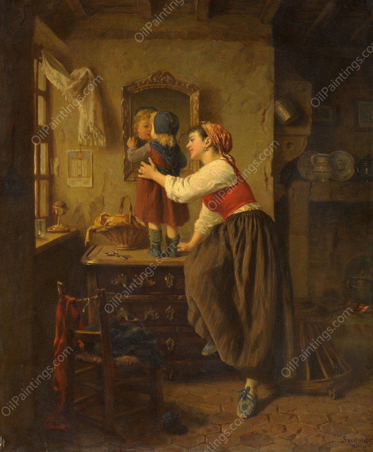 Woman And Child Before A Mirror  by Paul Seignac - Hand-Painted Oil Painting Reproduction