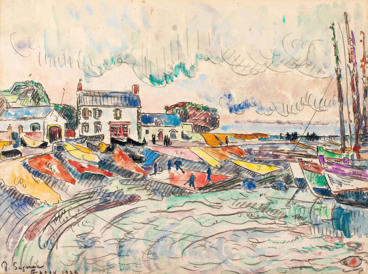 Groix, Le Nettoyage Des Voiles  by Paul Signac - Hand-Painted Oil Painting Reproduction