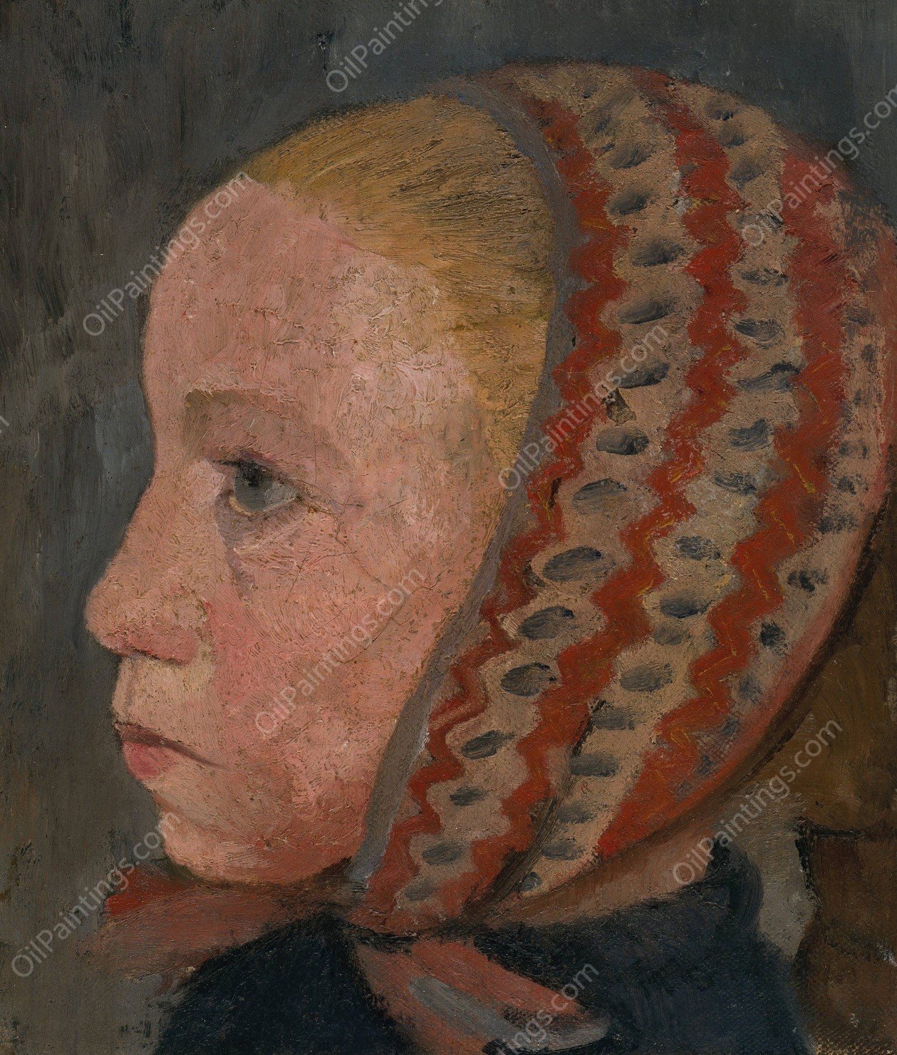 Girl's head with a striped cap in profile to the left  by Paula Modersohn-Becker - Hand-Painted Oil Painting Reproduction