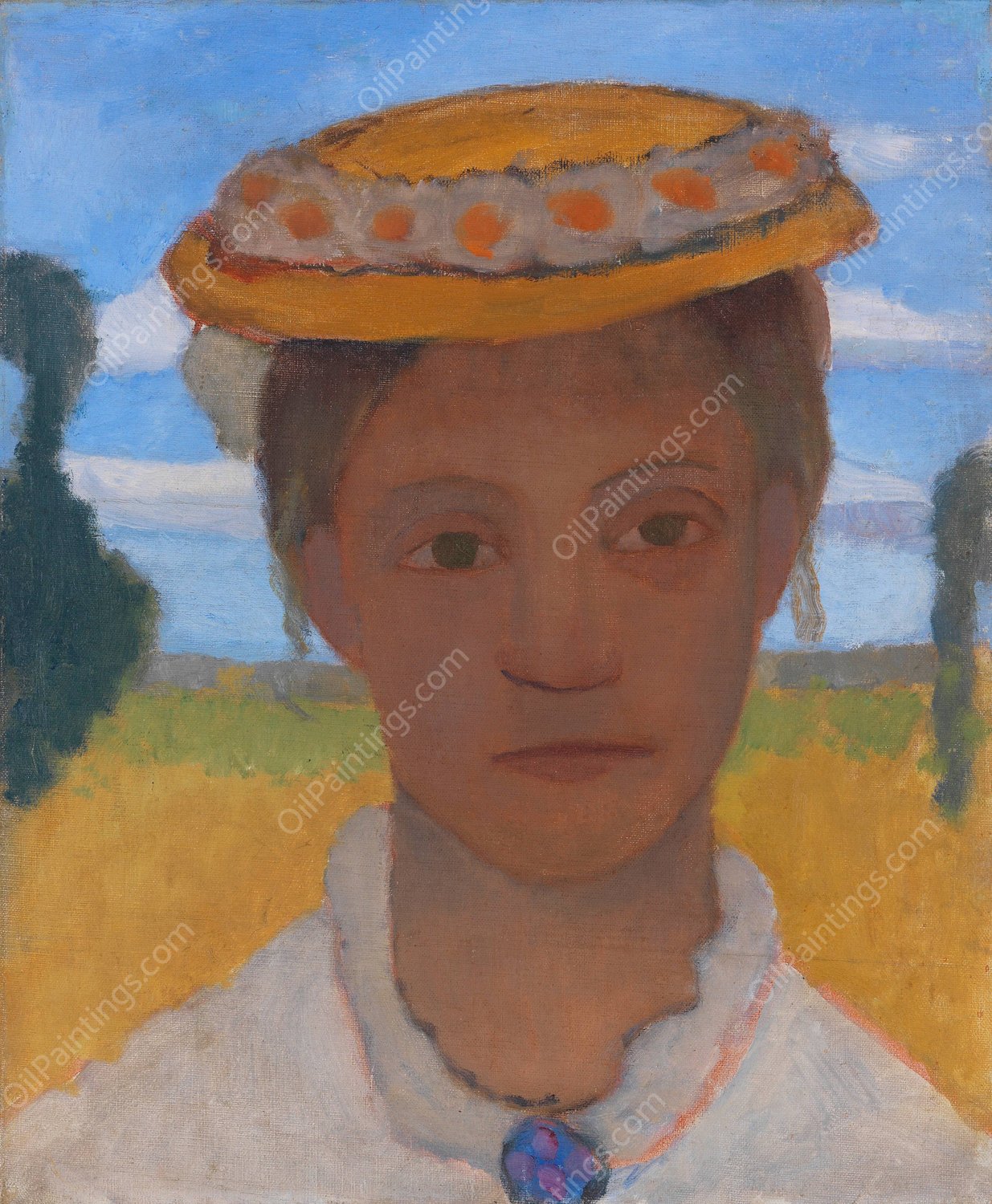 Kopf der Schwester Herma mit Marienblumchenkranz auf dem Hut  by Paula Modersohn-Becker - Hand-Painted Oil Painting Reproduction