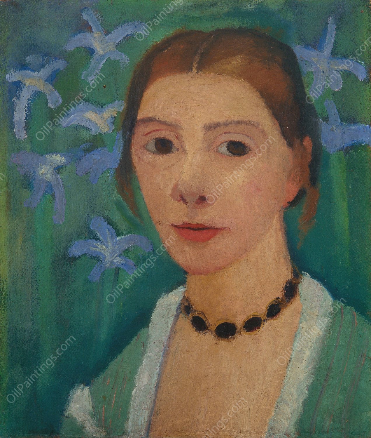 Self-portrait in front of a green background with a blue iris  by Paula Modersohn-Becker - Hand-Painted Oil Painting Reproduction