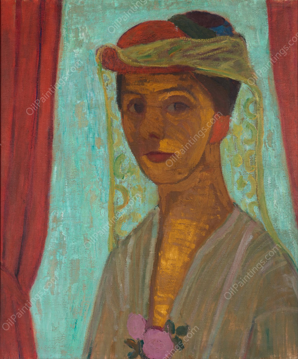 Self-portrait with hat and veil by Paula Modersohn-Becker - Hand-Painted Oil Painting Reproduction