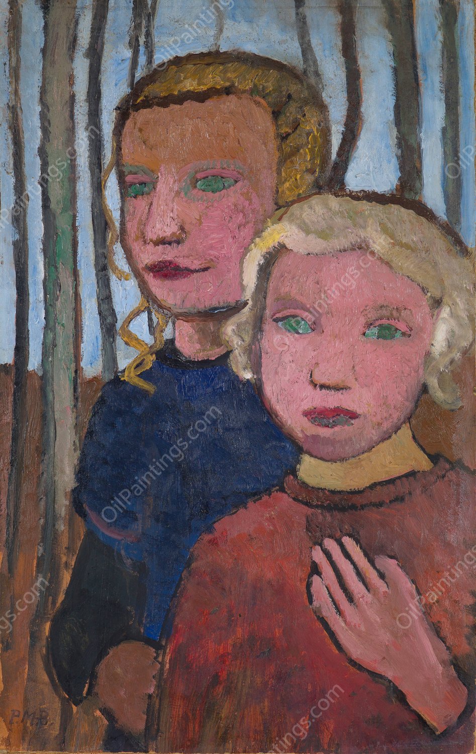 Two Girls in Front of Birch Trees  by Paula Modersohn-Becker - Hand-Painted Oil Painting Reproduction