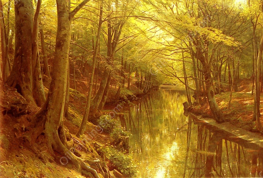 A Woodland Stream by Peder Mork Monsted - Hand-Painted Oil Painting Reproduction