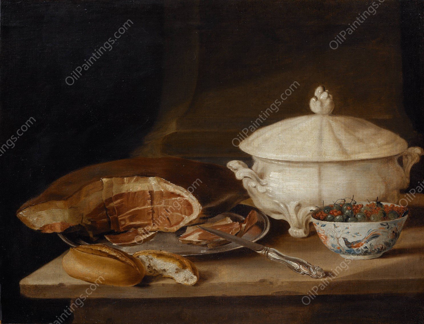 Still Life with Ham on a Pewter Dish, a Faience Set and a Bowl of Gooseberries and Red Currants by Pehr Hillestrom - Hand-Painted Oil Painting Reproduction