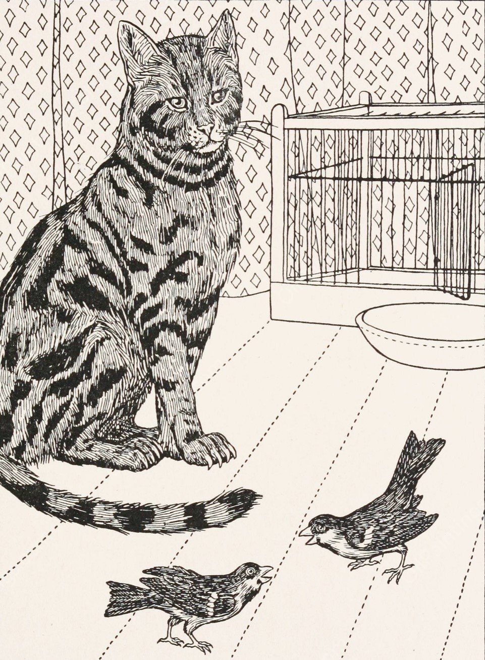 The Cat and the Two Sparrows  by Percy J. Billinghurst - Hand-Painted Oil Painting Reproduction