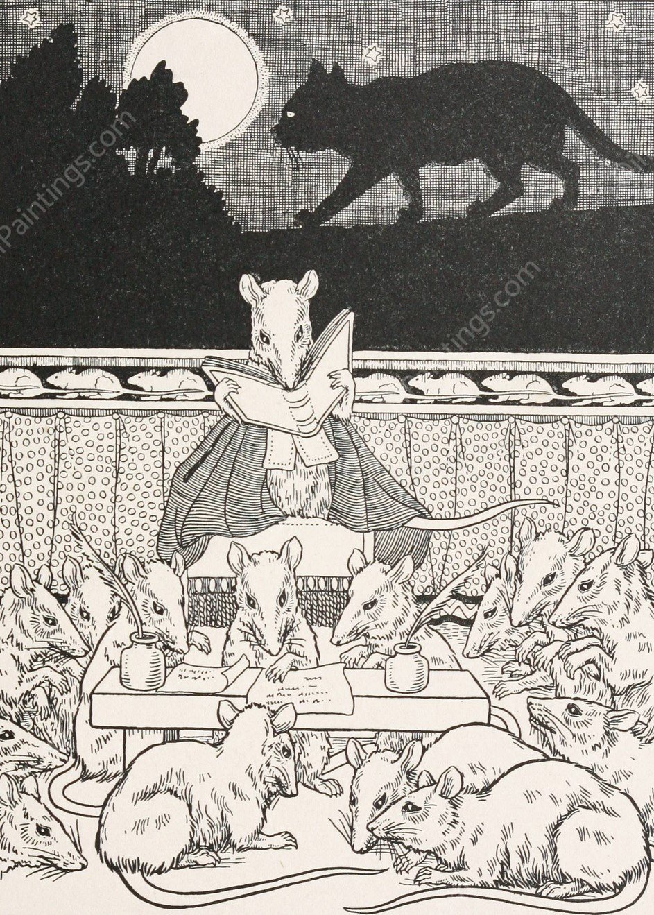 The Council held by the Rats  by Percy J. Billinghurst - Hand-Painted Oil Painting Reproduction