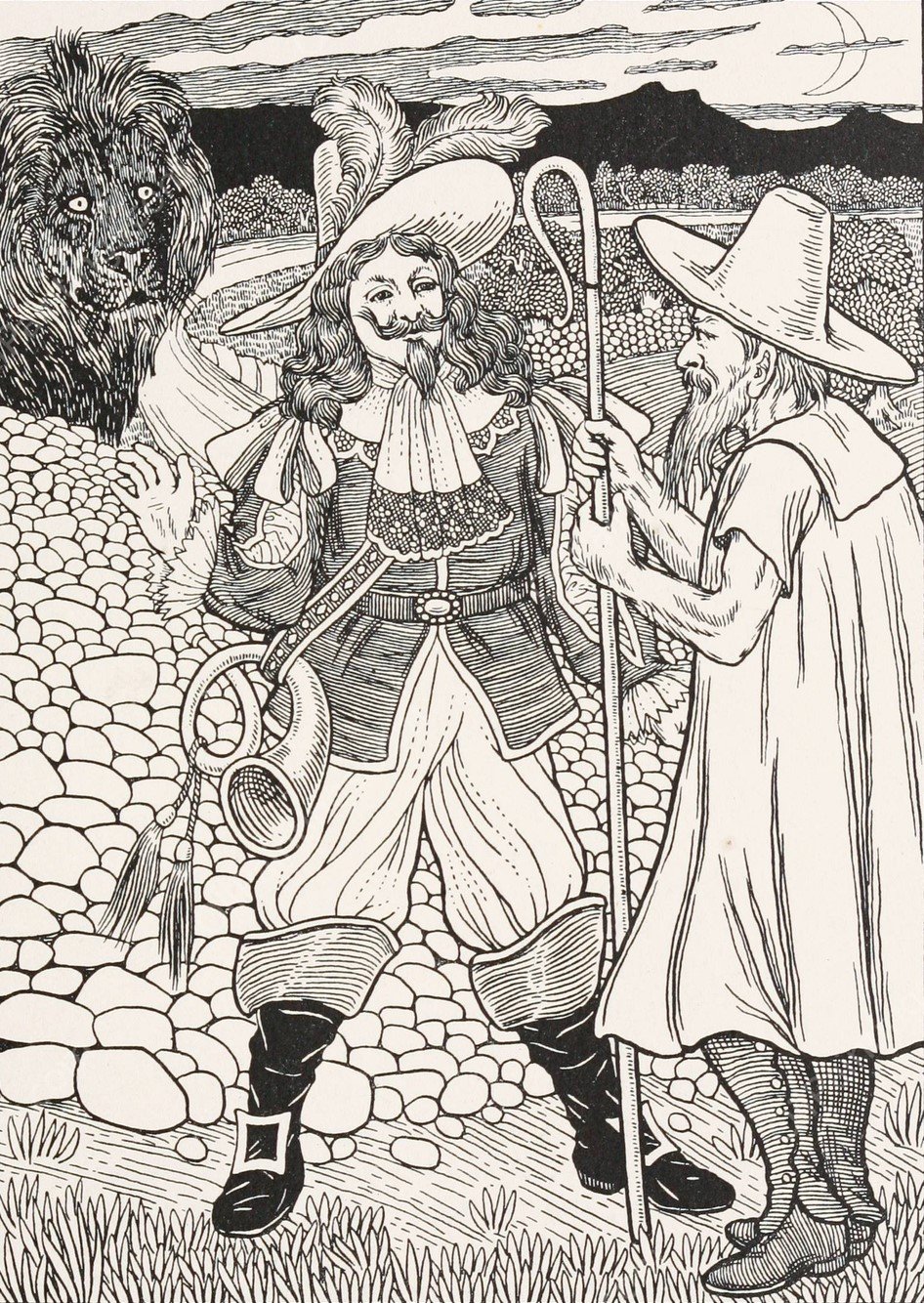 The Lion and the Hunter  by Percy J. Billinghurst - Hand-Painted Oil Painting Reproduction