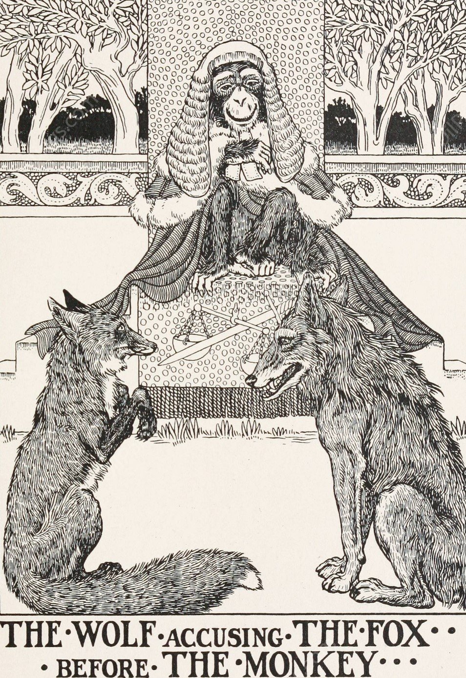 The Wolf Accusing the Fox before the Monkey  by Percy J. Billinghurst - Hand-Painted Oil Painting Reproduction