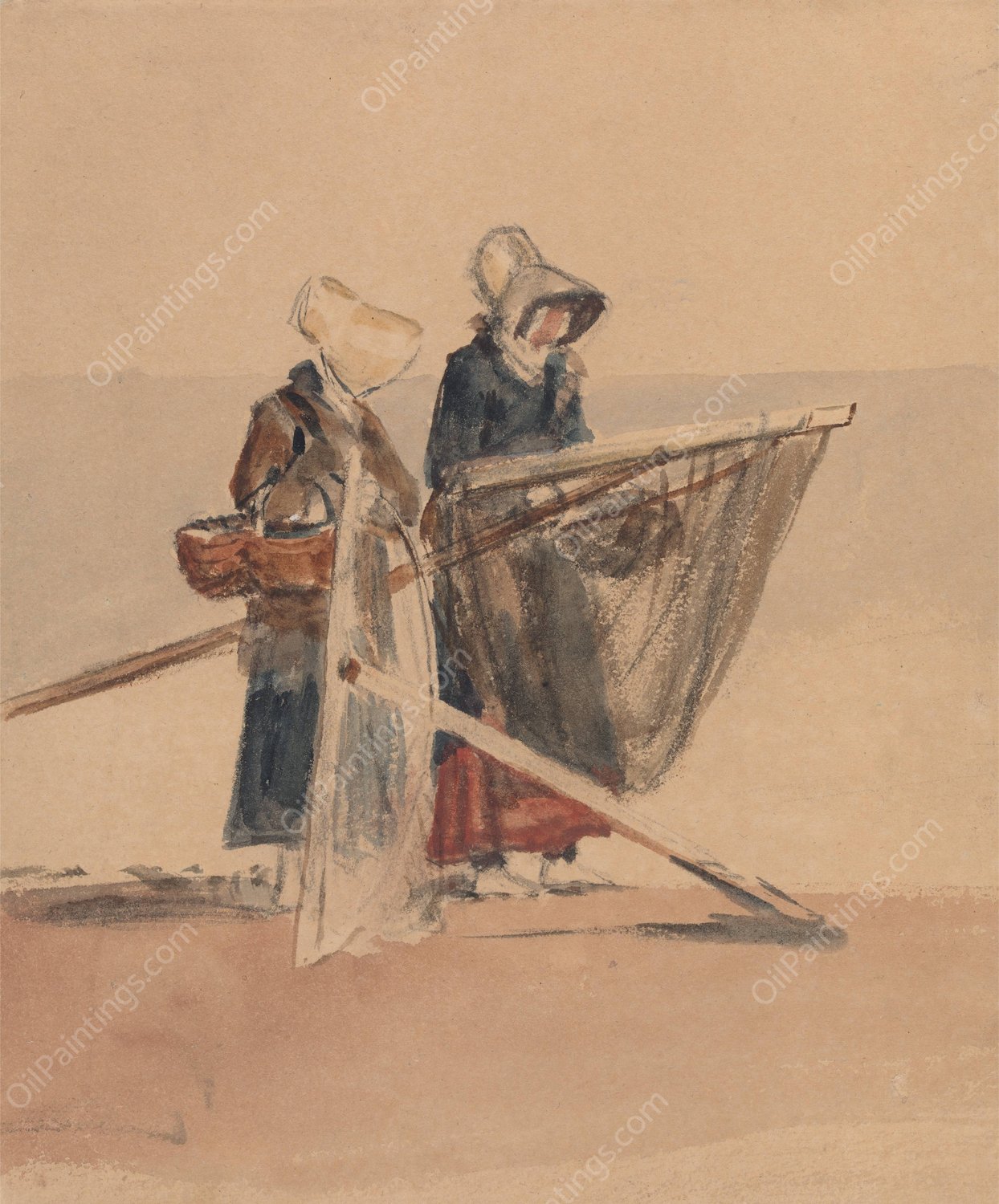 Two Girls with Shrimping Nets by Peter Dewint - Hand-Painted Oil Painting Reproduction
