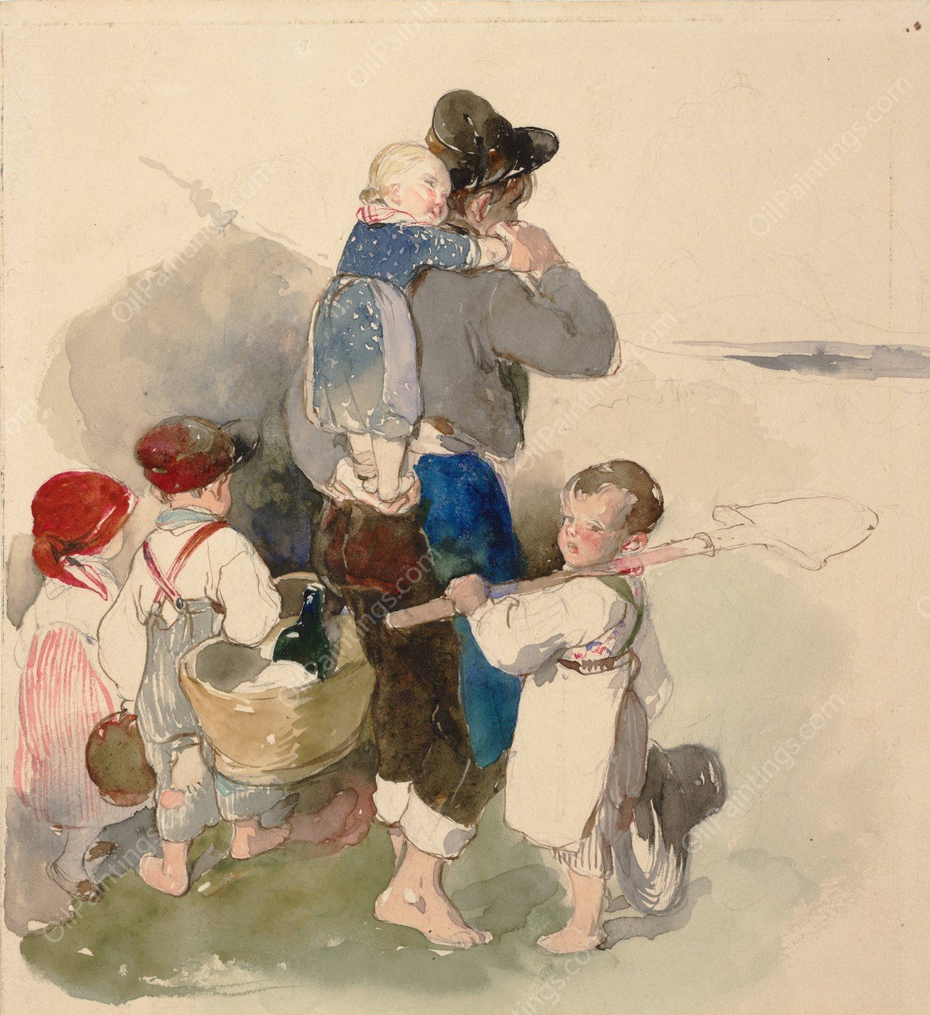 Children on Their Way to Work in the Fields  by Peter Fendi - Hand-Painted Oil Painting Reproduction