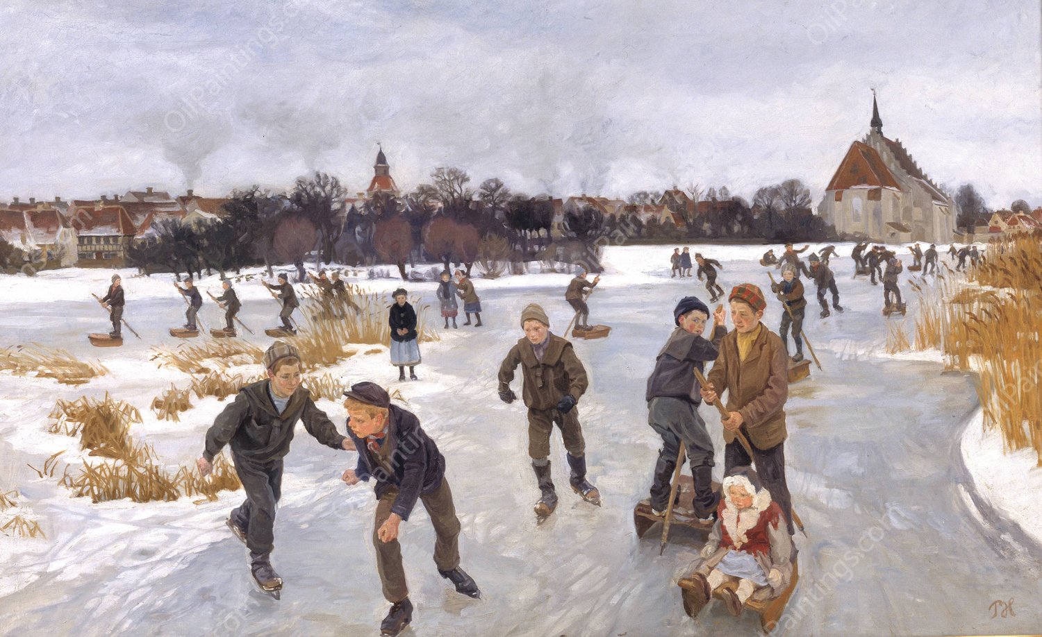 Children skating outside Faborg  by Peter Hansen - Hand-Painted Oil Painting Reproduction