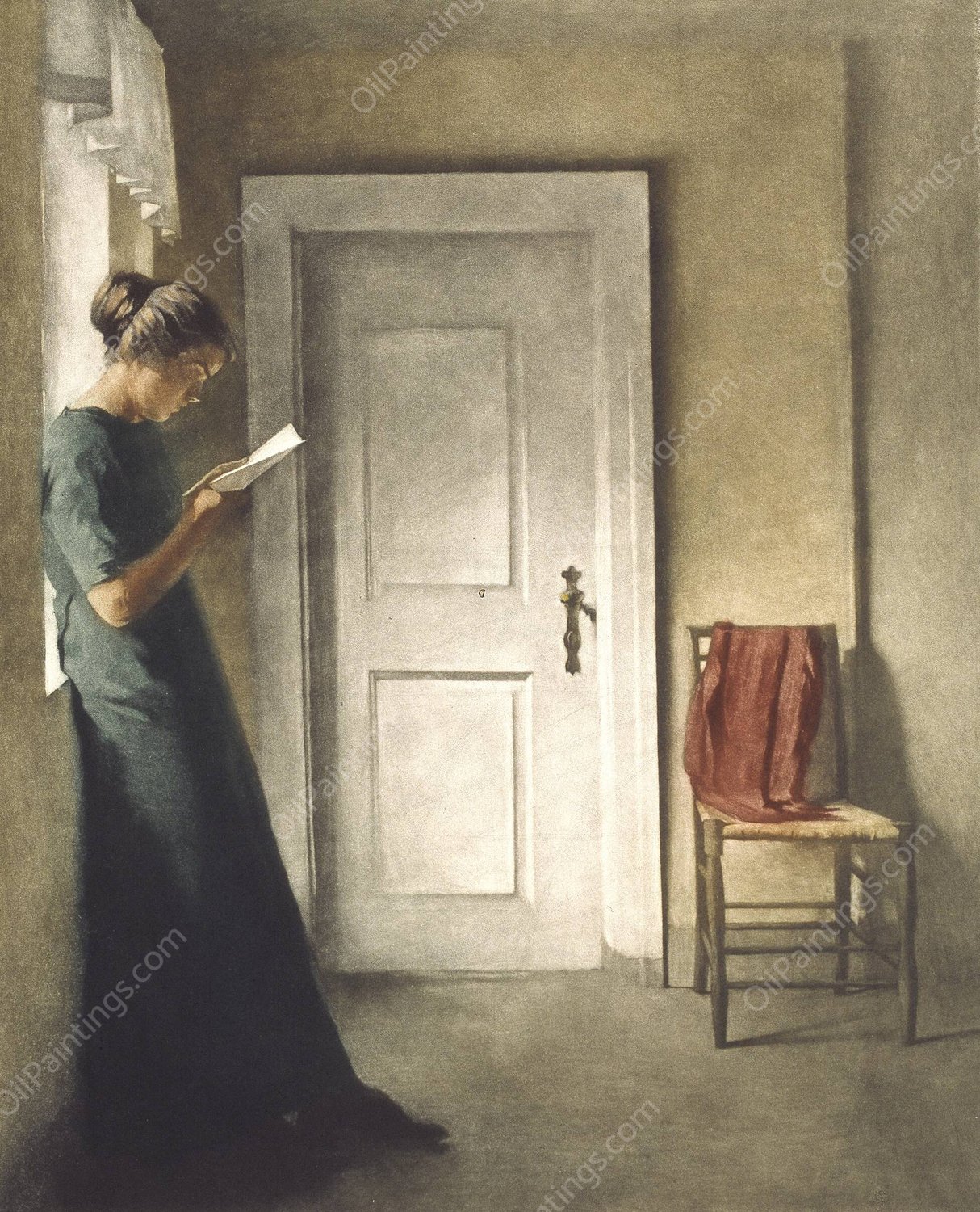 Interior med et rodt sjal  by Peter Ilsted - Hand-Painted Oil Painting Reproduction