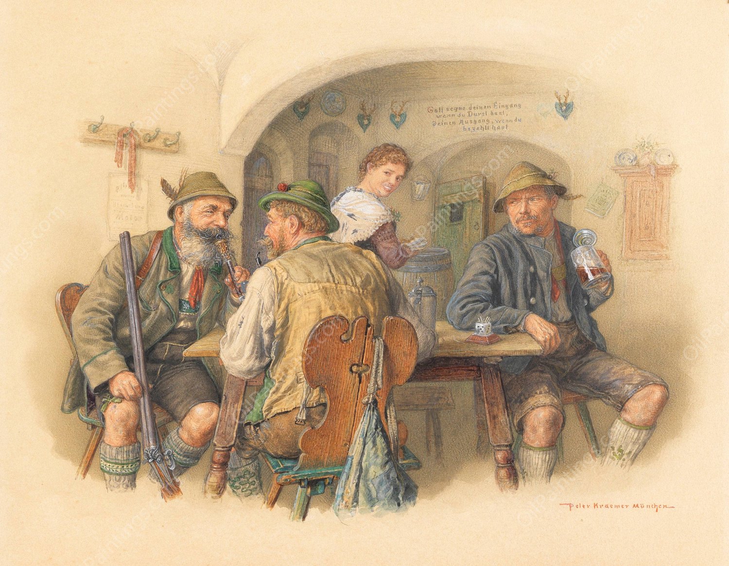 Jager im Wirtshaus  by Peter Kraemer The Younger - Hand-Painted Oil Painting Reproduction