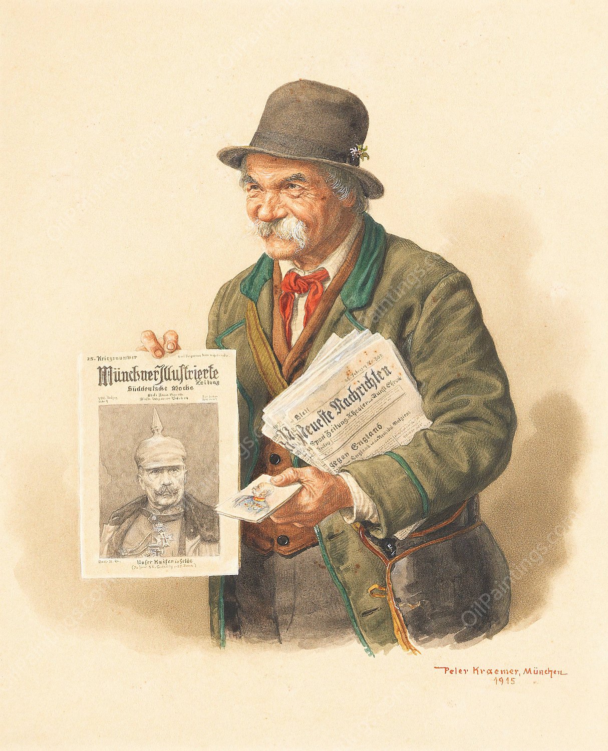 Munchner Zeitungsverkaufer  by Peter Kraemer The Younger - Hand-Painted Oil Painting Reproduction