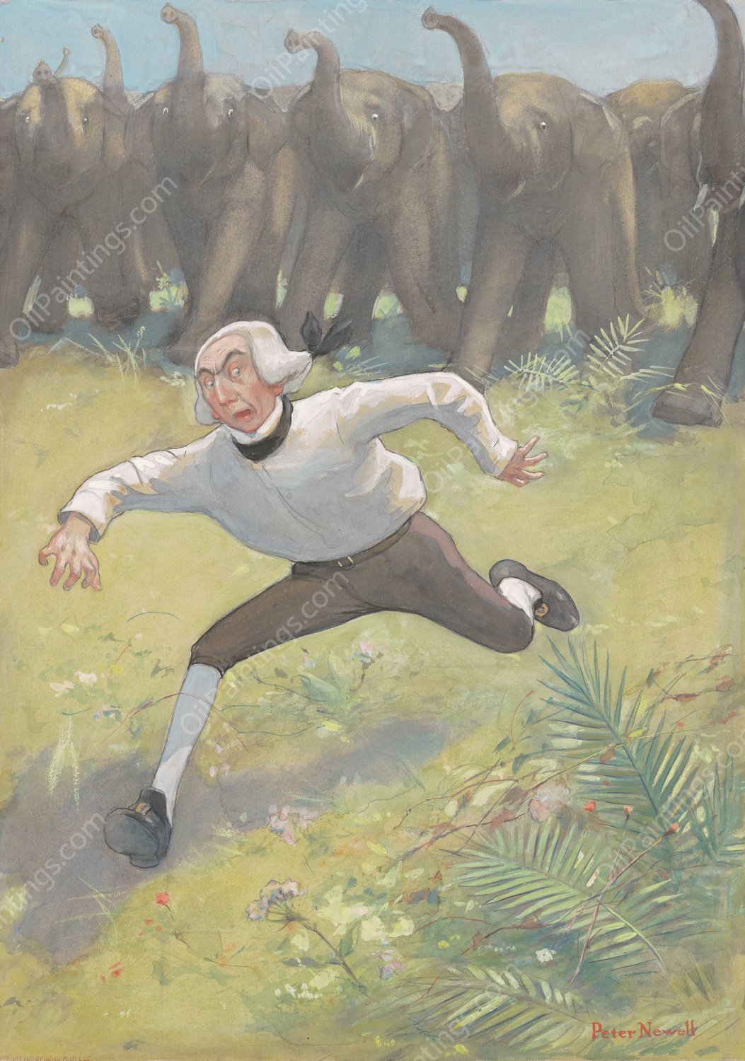 Man Running From Elephants  by Peter Newell - Hand-Painted Oil Painting Reproduction