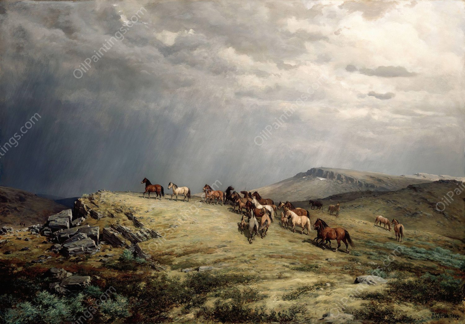 Horses in the Mountains  by Peter Nicolai Arbo - Hand-Painted Oil Painting Reproduction