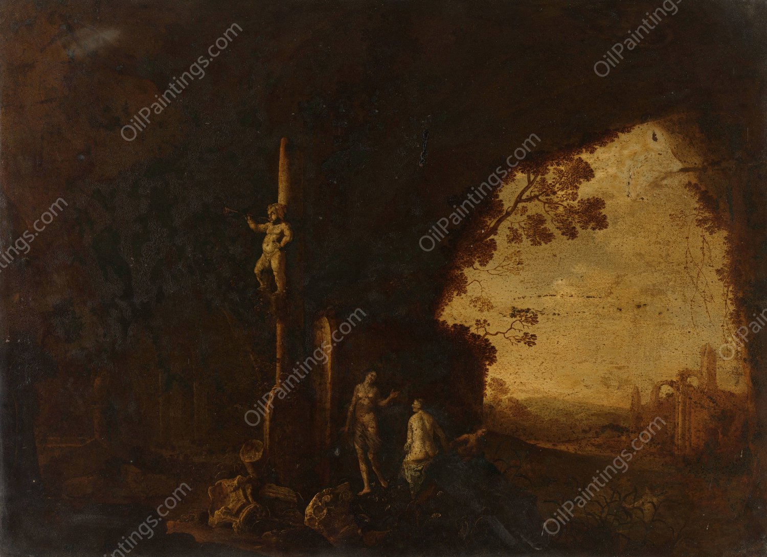 Nymphs in a Cave with Antique Ruins  by Petrus Van Hattich - Hand-Painted Oil Painting Reproduction