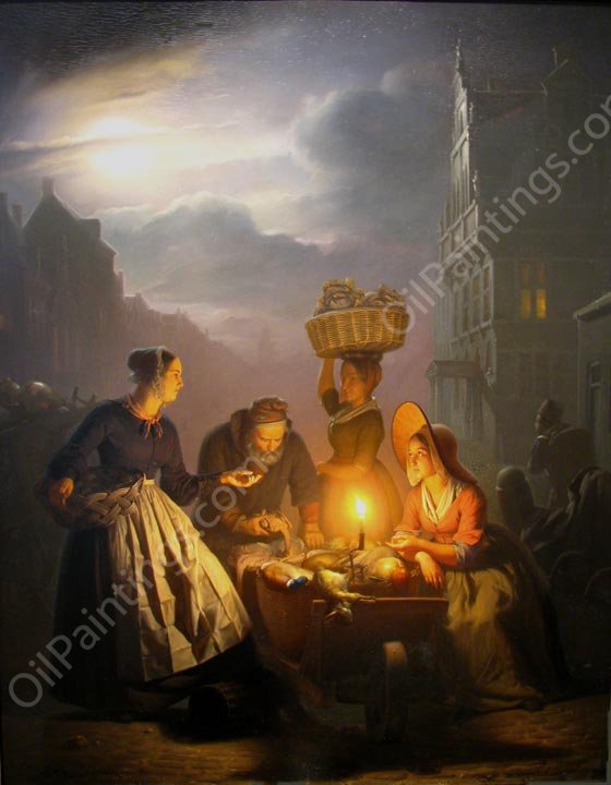 A Market Scene by Moonlight by Petrus Van Schendel - Hand-Painted Oil Painting Reproduction