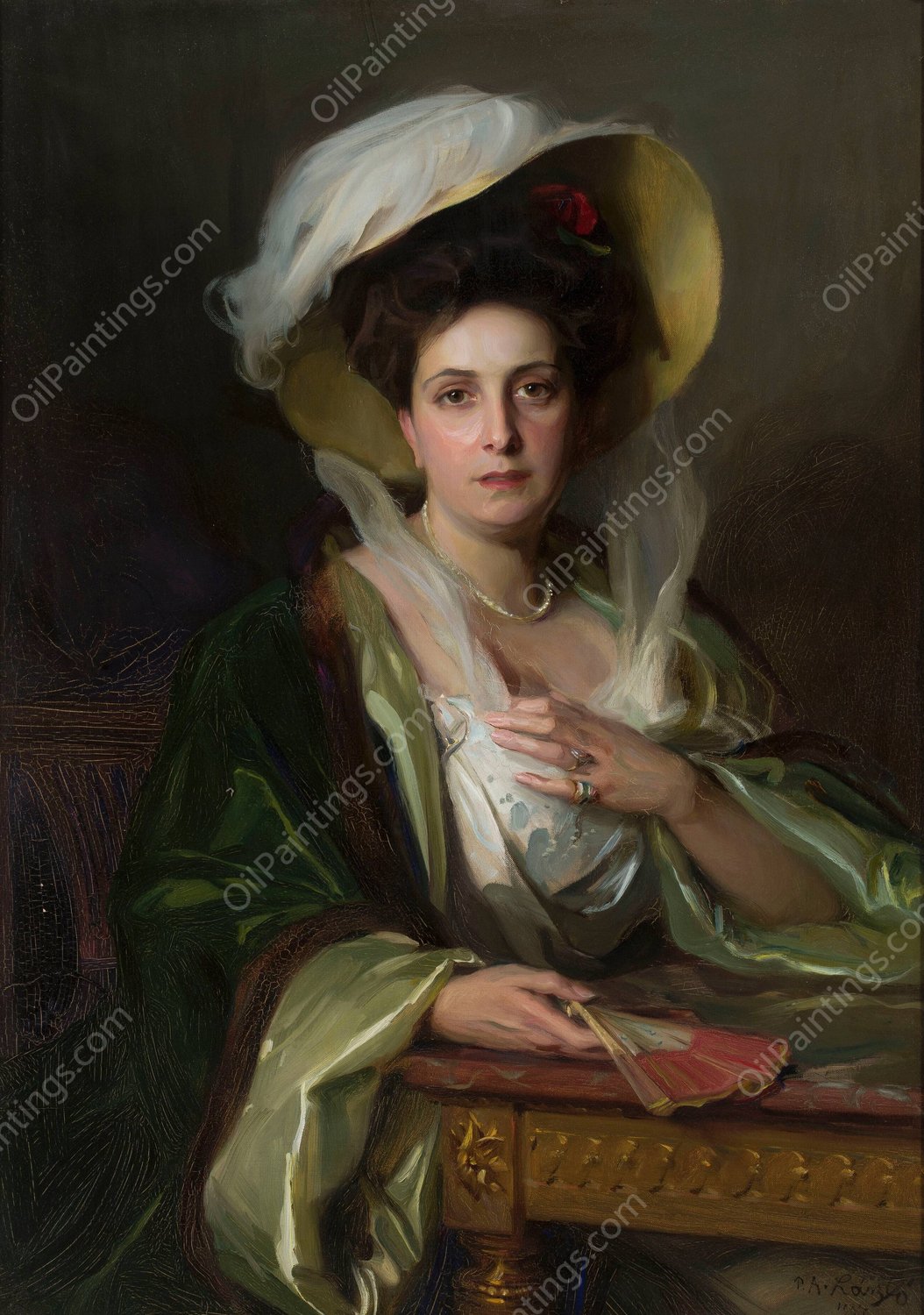 Portrait of a lady in a large hat  by Philip Alexius De Laszlo - Hand-Painted Oil Painting Reproduction