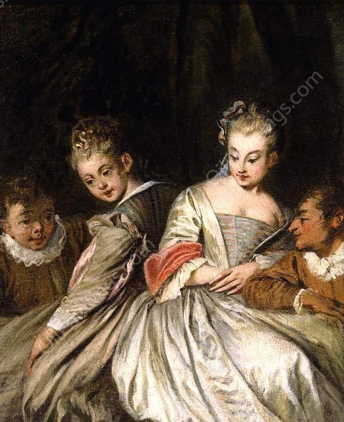 Elegant Couples Conversing by Philipe Mercier - Hand-Painted Oil Painting Reproduction