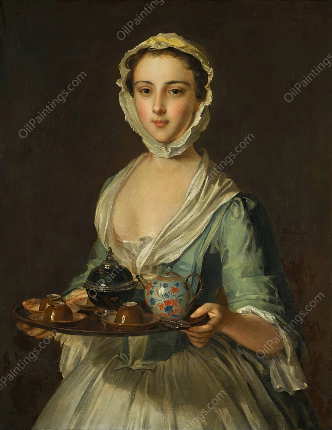 A Young Woman Carrying A Tea Tray, Possibly Hannah, The Artist's Maid by Philippe Mercier - Hand-Painted Oil Painting Reproduction