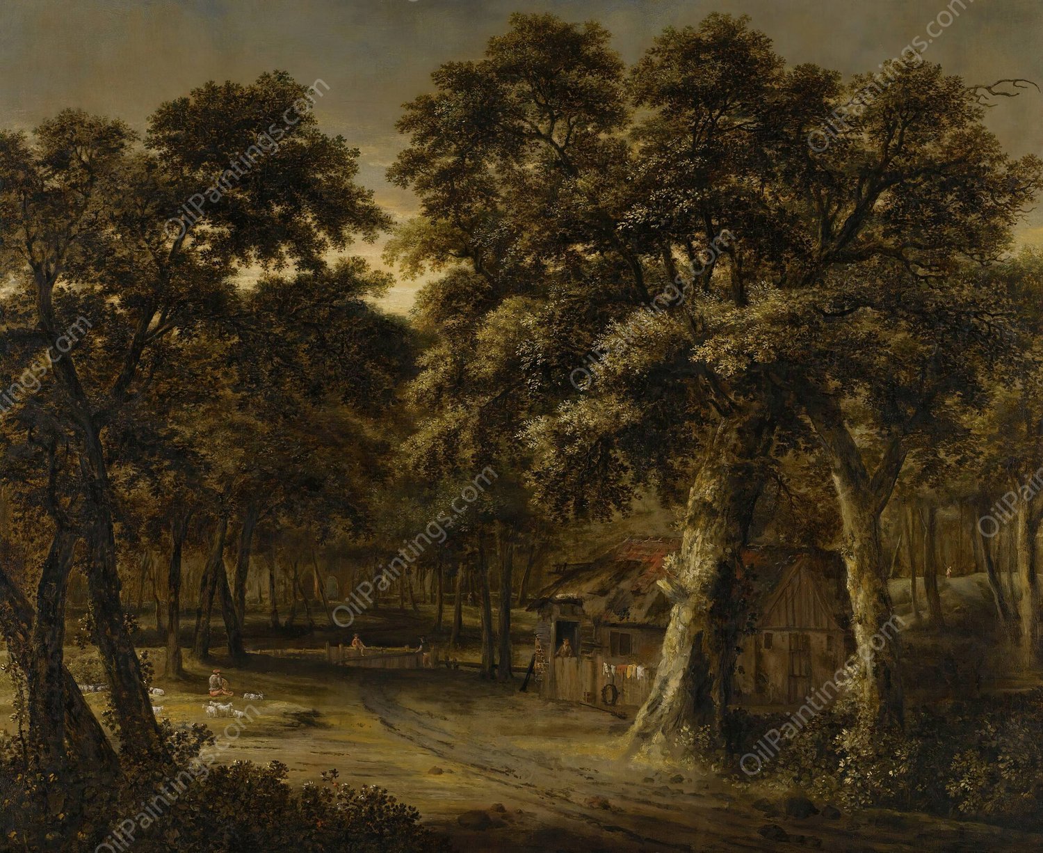 A Woodland Scene With A Cottage And Figures by Philips Koninck - Hand-Painted Oil Painting Reproduction