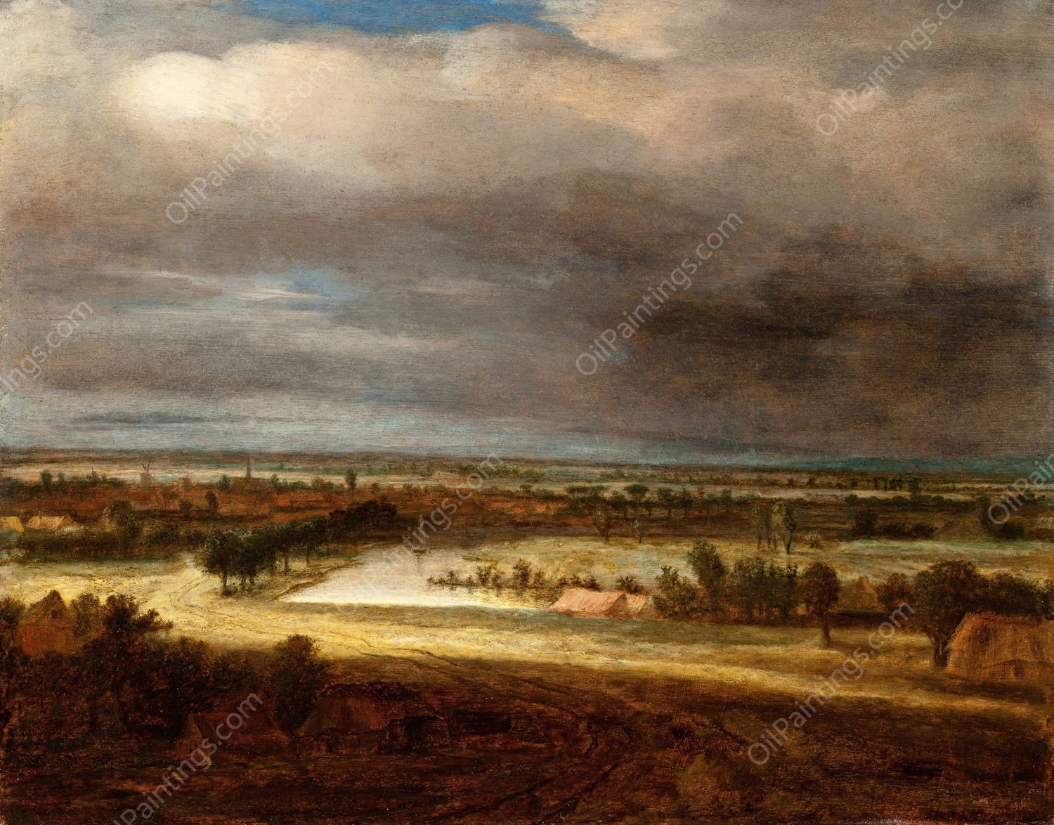 Panoramic Landscape with a Village  by Philips Koninck - Hand-Painted Oil Painting Reproduction