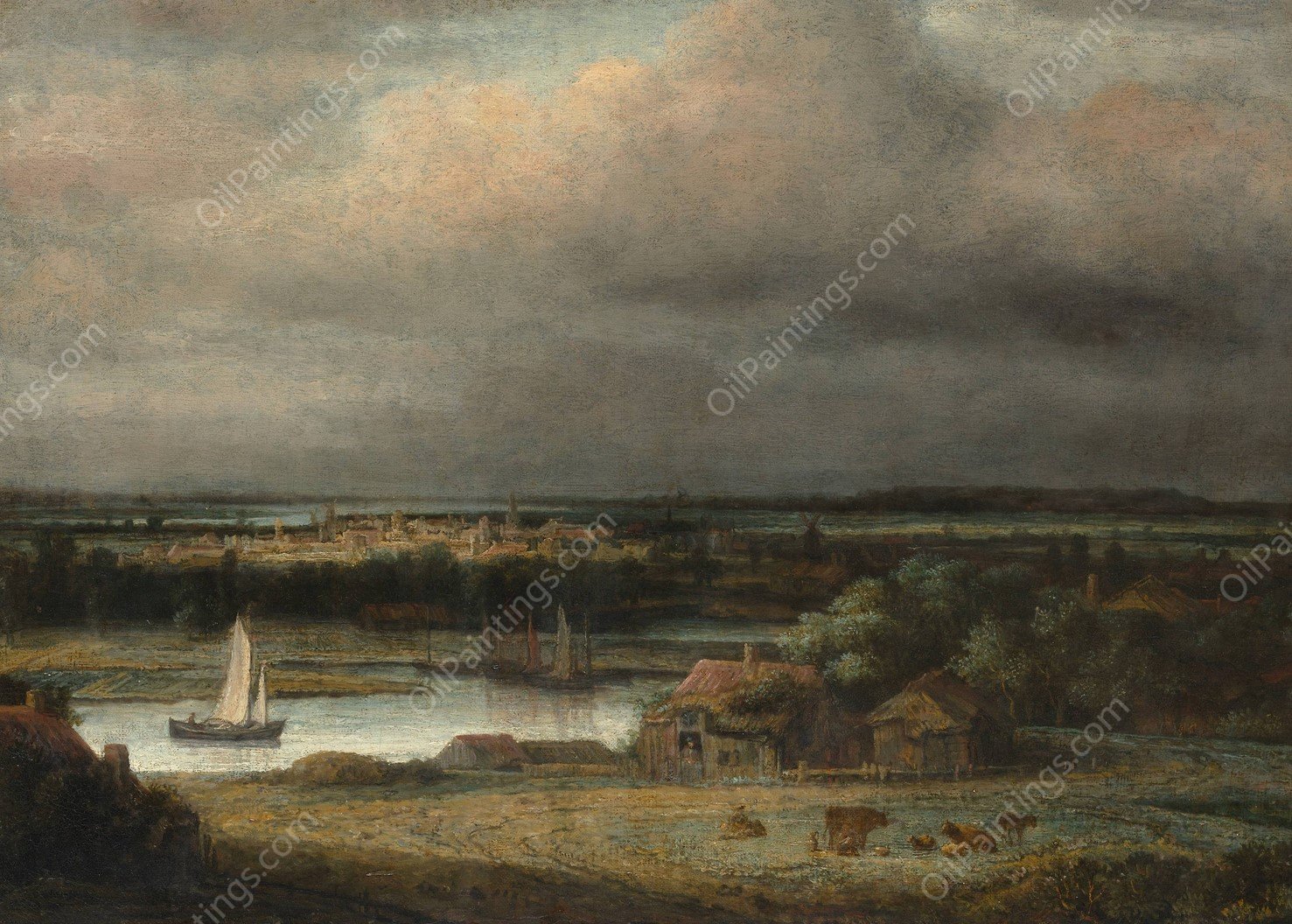 Wide River Landscape  by Philips Koninck - Hand-Painted Oil Painting Reproduction