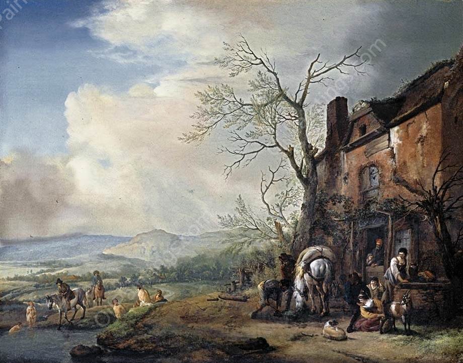 Landscape with Peasants by a Cottage by Philips Wouwerman - Hand-Painted Oil Painting Reproduction
