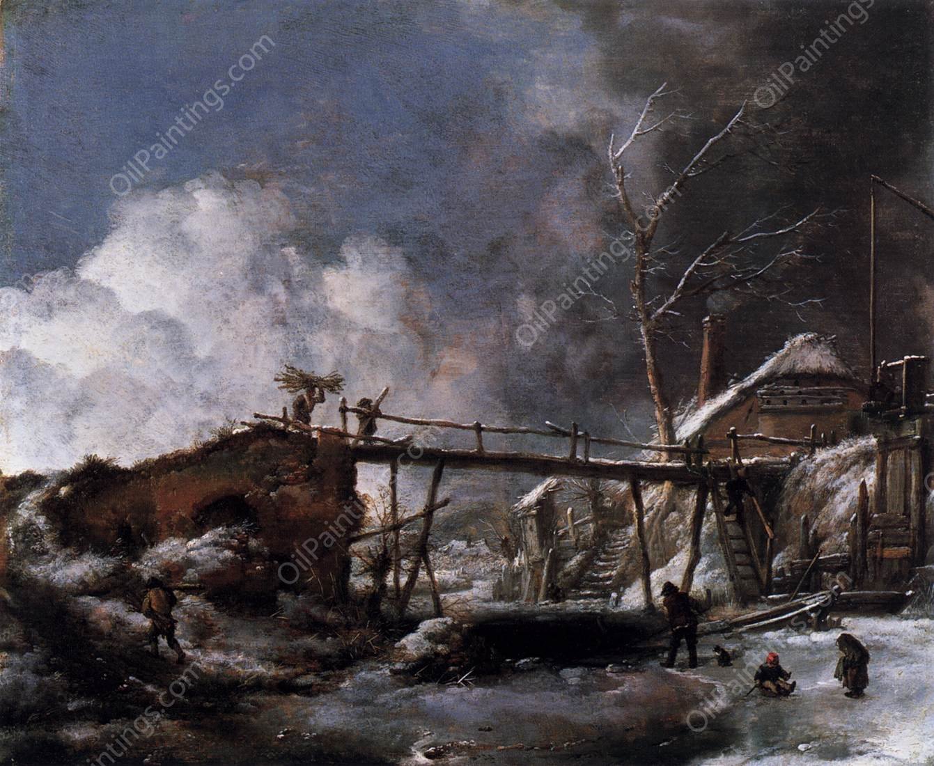 Winter Landscape with Wooden Bridge by Philips Wouwerman - Hand-Painted Oil Painting Reproduction