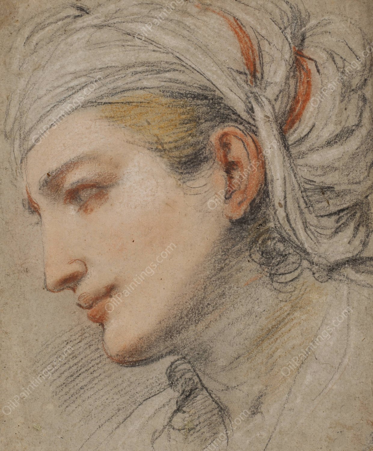 Head of a young woman with a headcloth, in profile to the left  by Pier Francesco Mola - Hand-Painted Oil Painting Reproduction