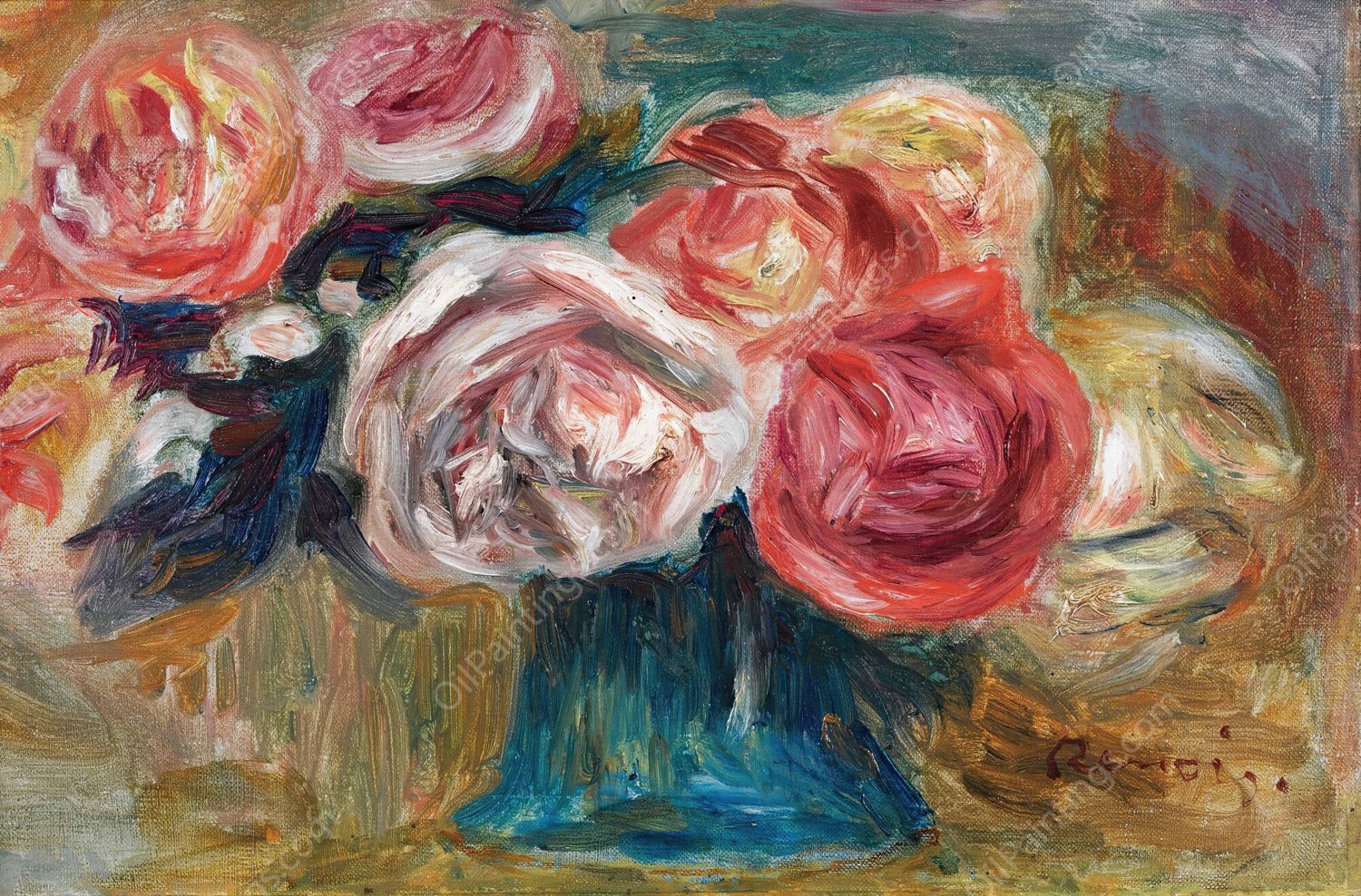 Bouquet De Roses Dans Un Vase by Pierre-Auguste Renoir - Hand-Painted Oil Painting Reproduction
