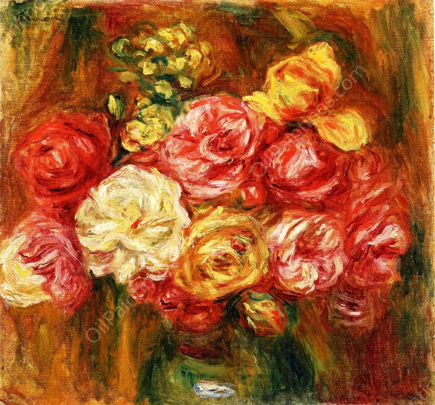 Bouquet of Roses in a Green Vase II by Pierre-Auguste Renoir - Hand-Painted Oil Painting Reproduction