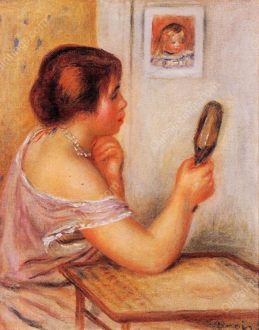 Gabrielle Holding a Mirror with a Portrait of Coco by Pierre-Auguste Renoir - Hand-Painted Oil Painting Reproduction