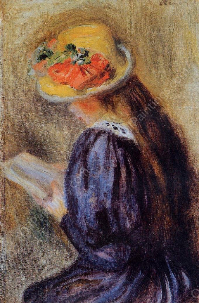 The Little Reader also known as Little Girl in Blue by Pierre-Auguste Renoir - Hand-Painted Oil Painting Reproduction