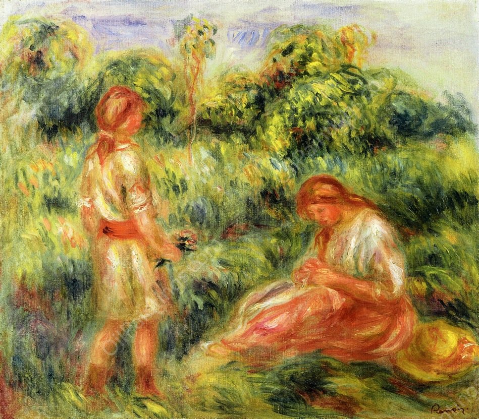 Two Young Women in a Landscape by Pierre-Auguste Renoir - Hand-Painted Oil Painting Reproduction