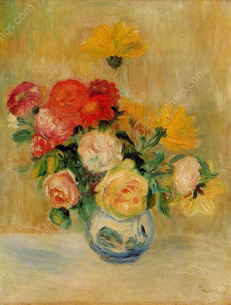 Vase of Roses and Dahlias by Pierre-Auguste Renoir - Hand-Painted Oil Painting Reproduction