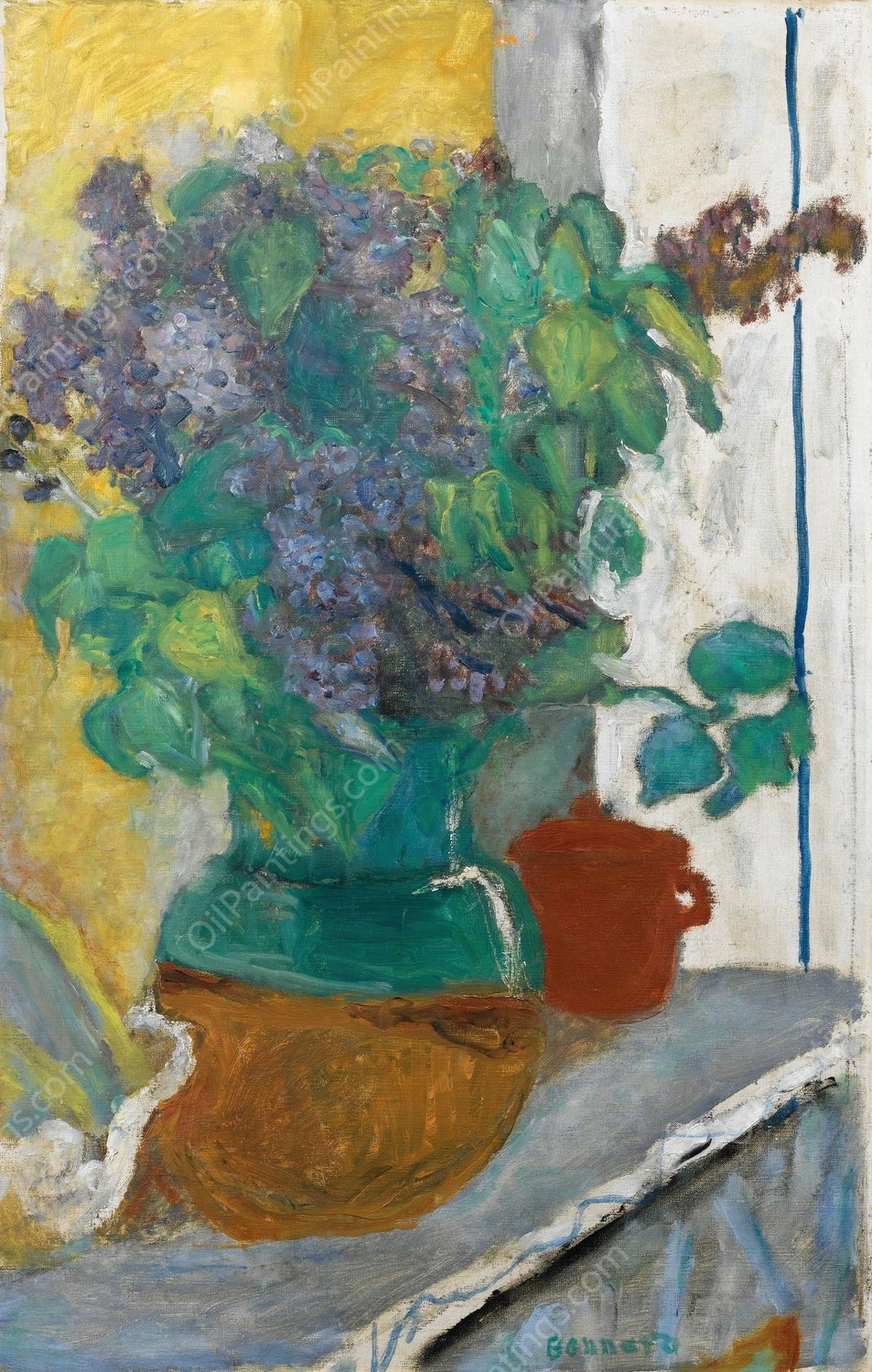 Lilas Mauve Dans Un Vase De Terre Jaune Et Vert  by Pierre Bonnard - Hand-Painted Oil Painting Reproduction